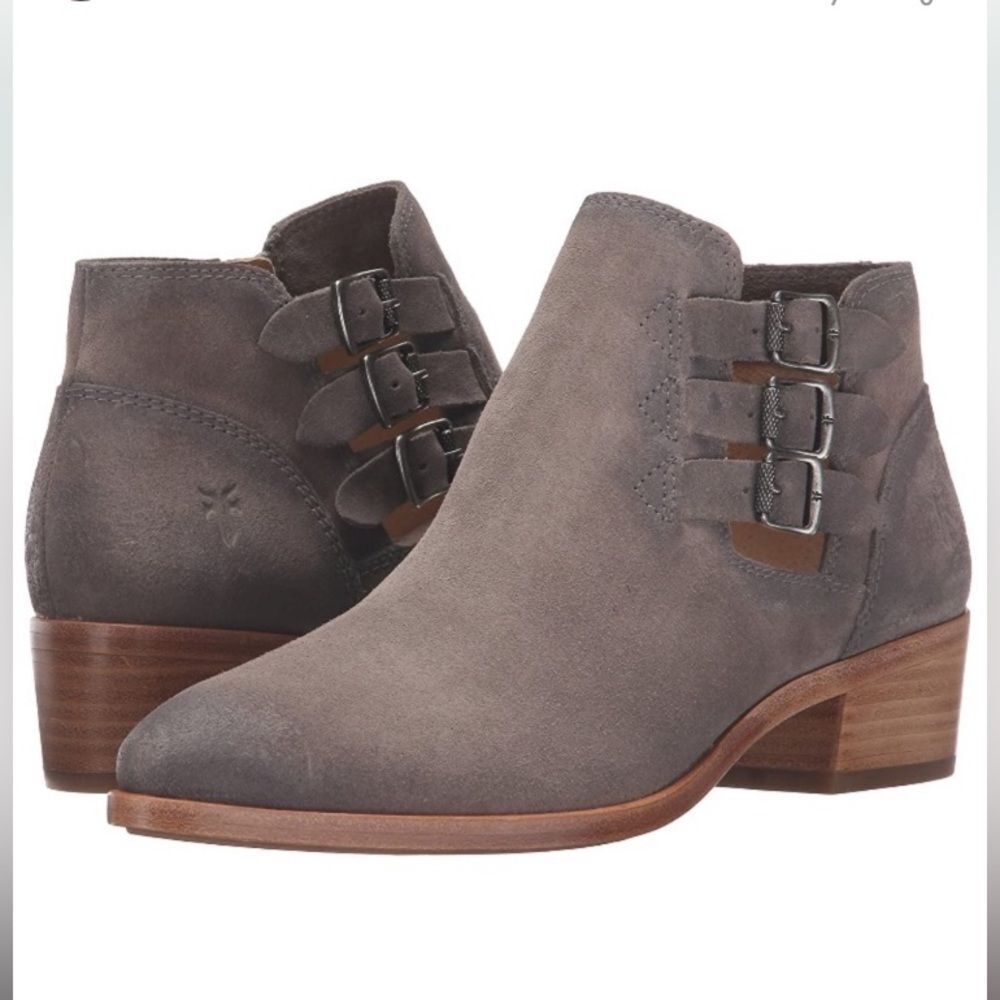 Frye Ray Belted STO Grey Suede Bootie Triple Buckle 9 M Boho Western Boots - Picture 16 of 16